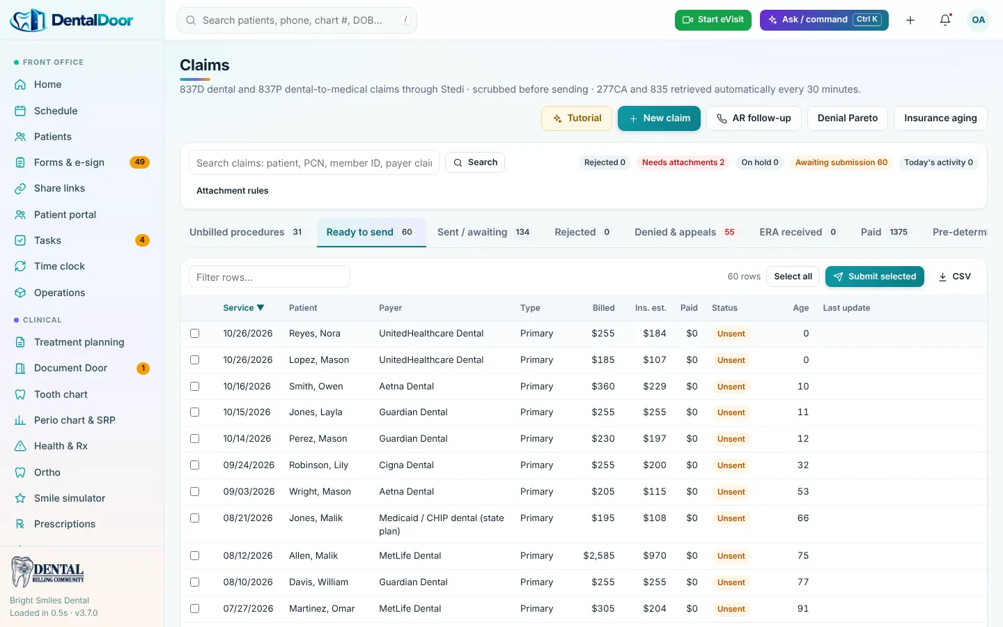 DentalDoor — Claims ready to send (837D / 837P) (demo data)