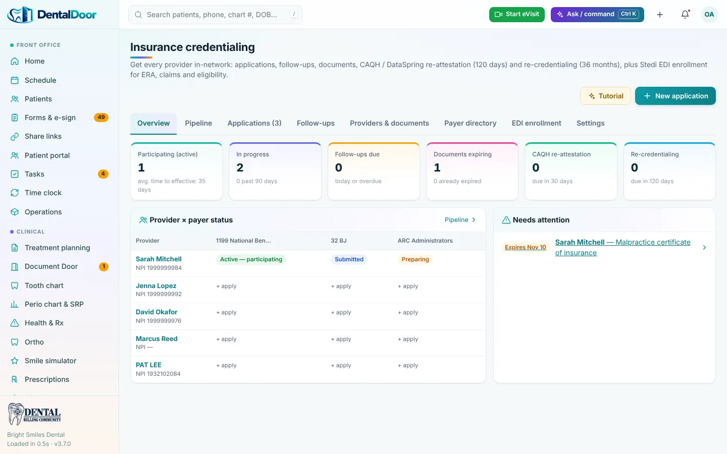 DentalDoor — Insurance credentialing pipeline (demo data)