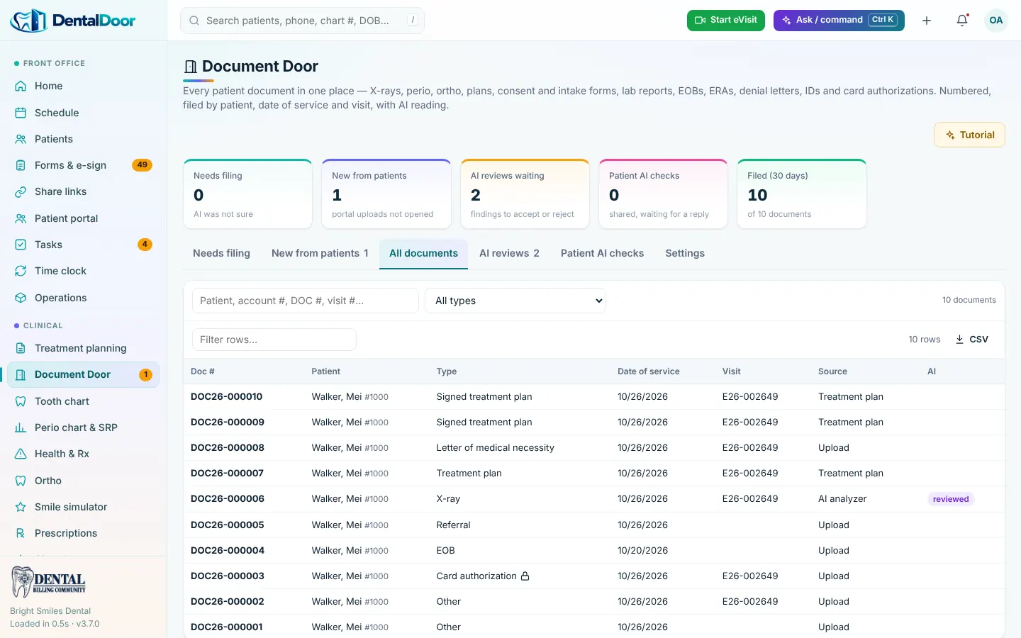DentalDoor — Document Door: every patient document, numbered and filed (demo data)