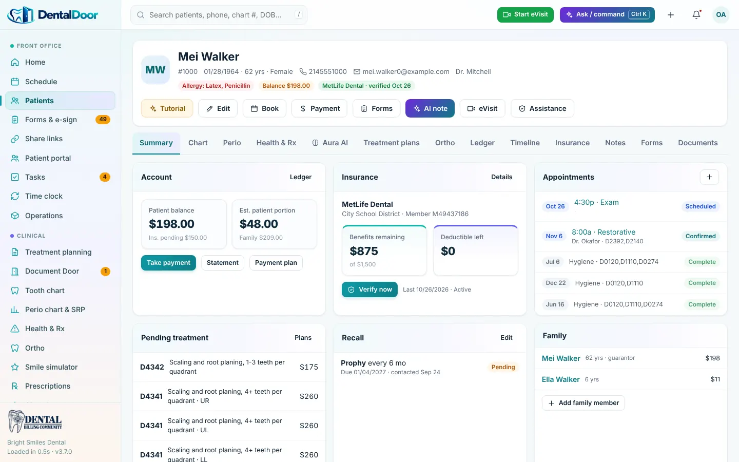 DentalDoor — Patient summary: balance, insurance, appointments and family (demo data)