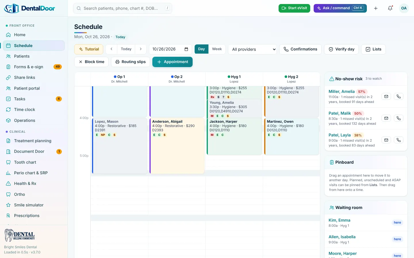 DentalDoor — Schedule with confirmations, routing slips and waiting room (demo data)