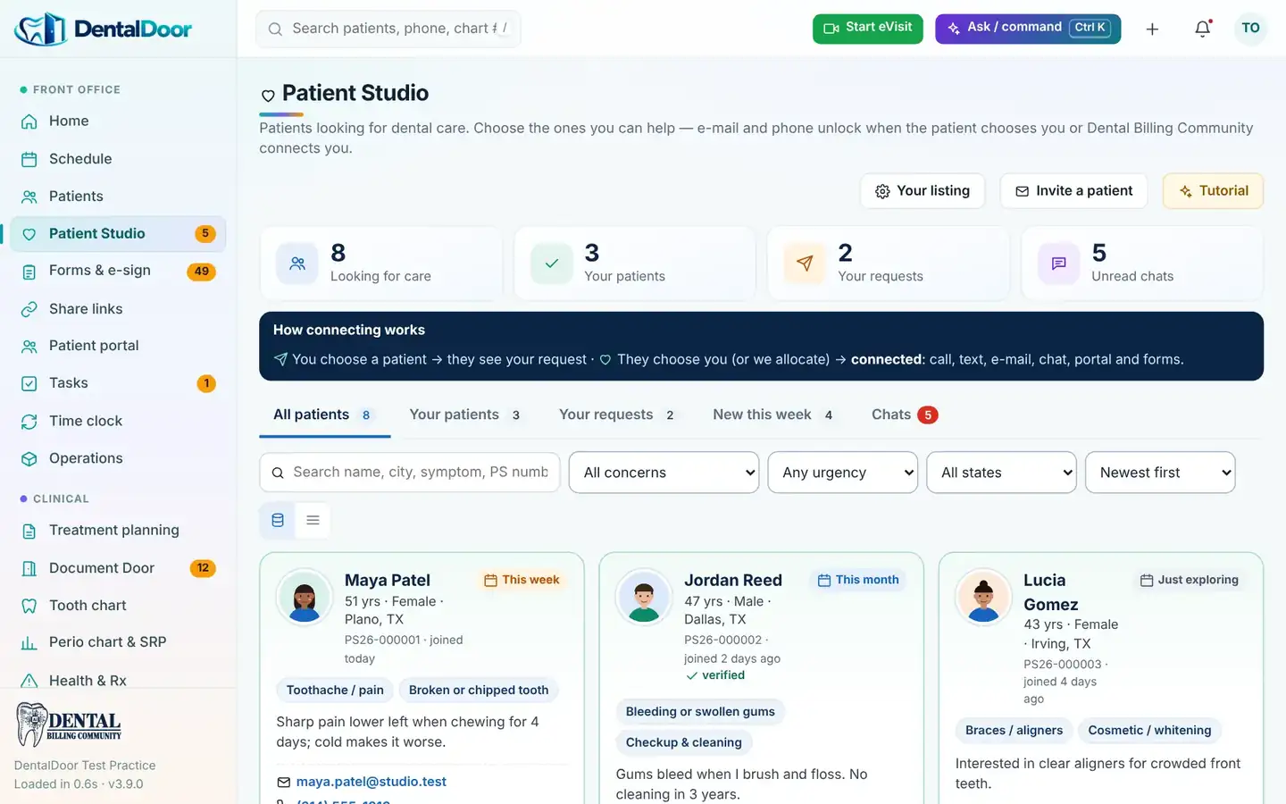 DentalDoor — Patient Studio roster of patients looking for care (demo data)